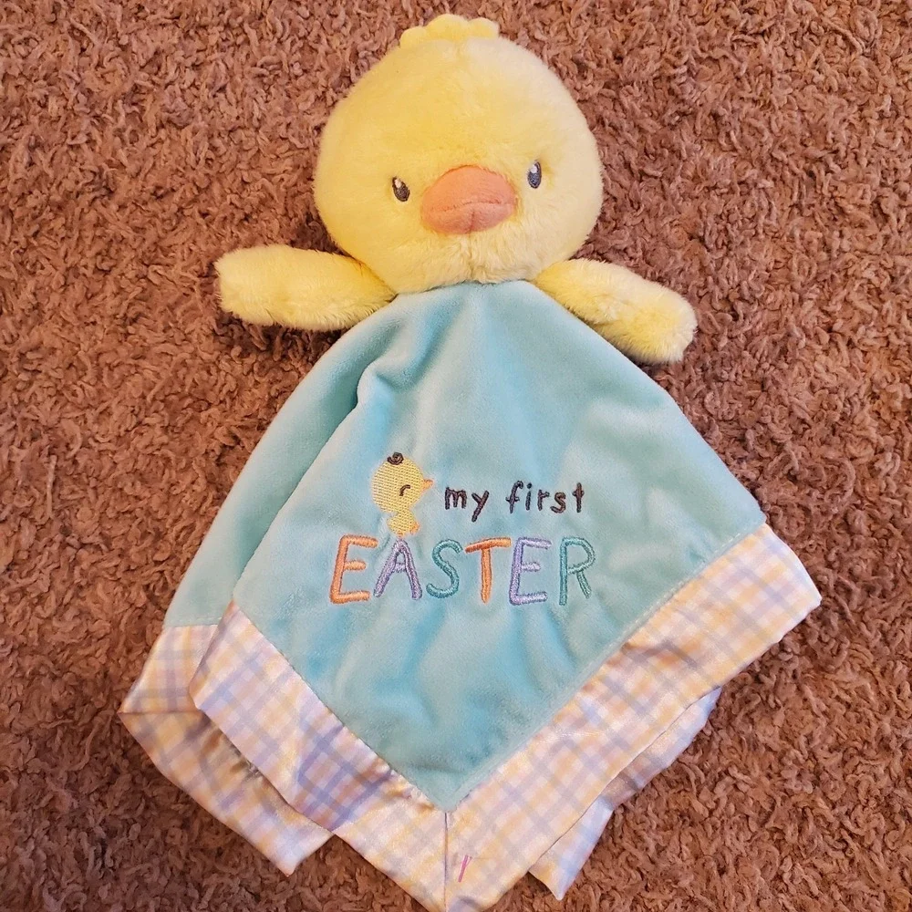 My First Easter Chick Duck Rattle Security Blanket Buddy Lovey Plaid Satin Back‎